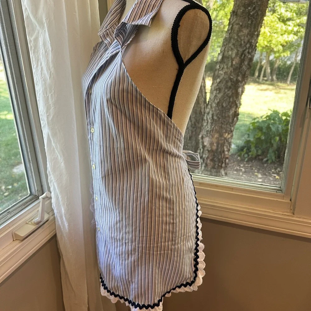 Hand crafted Mens Dress Shirt Kitchen Apron white blue Striped Eyelet Ric Rac